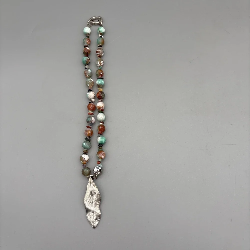 VTG Artisan Beaded Natural Gemstone Agate? Jasper? Silver Leaf Necklace GIFT 20
